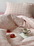 Soft Pink Plaid Cotton Bedding Set