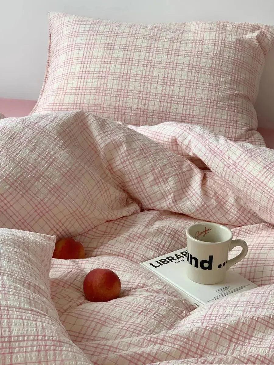 Soft Pink Plaid Cotton Bedding Set