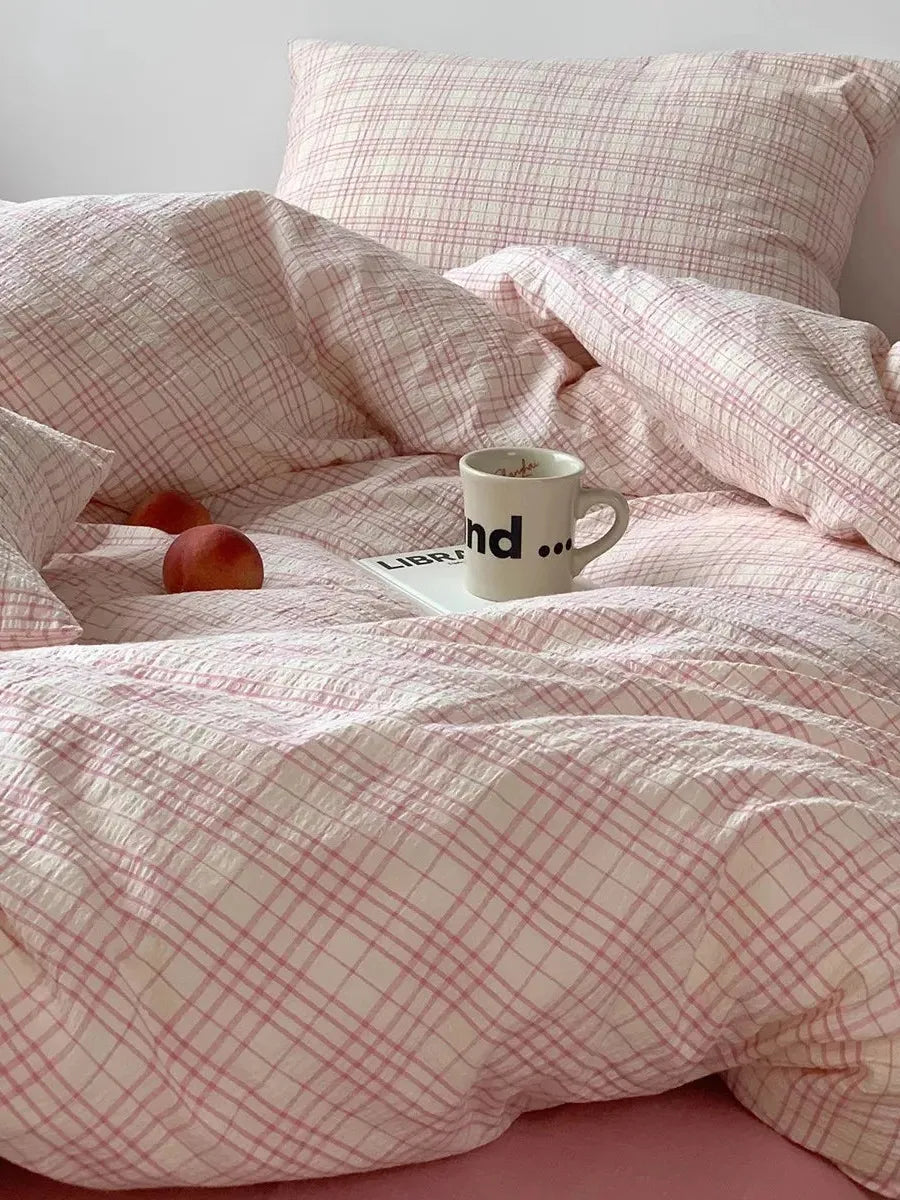 Soft Pink Plaid Cotton Bedding Set