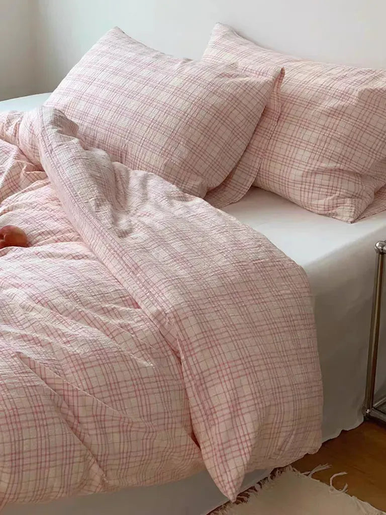 Soft Pink Plaid Cotton Duvet Cover