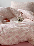 Soft Pink Plaid Cotton Duvet Cover