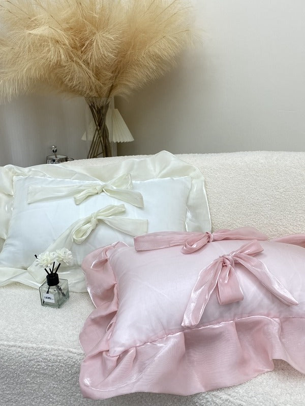 Blush Pink Bow Ruffle Organza Lumbar Throw Pillow original reference image 11