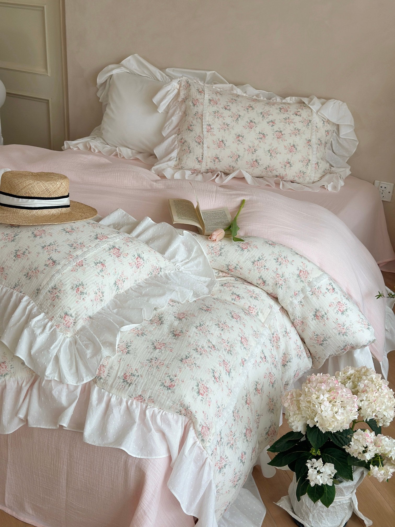 Blush Rose Garden Ruffle Cotton Muslin Duvet Cover original reference image 2