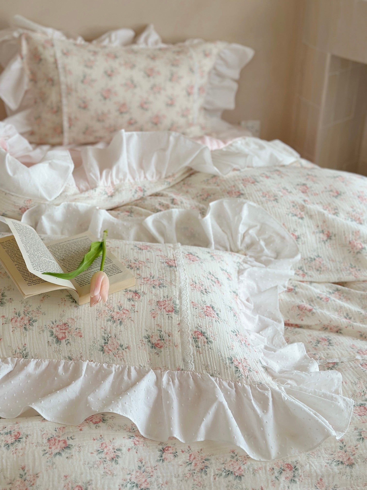 Blush Rose Garden Ruffle Cotton Muslin Duvet Cover original reference image 5