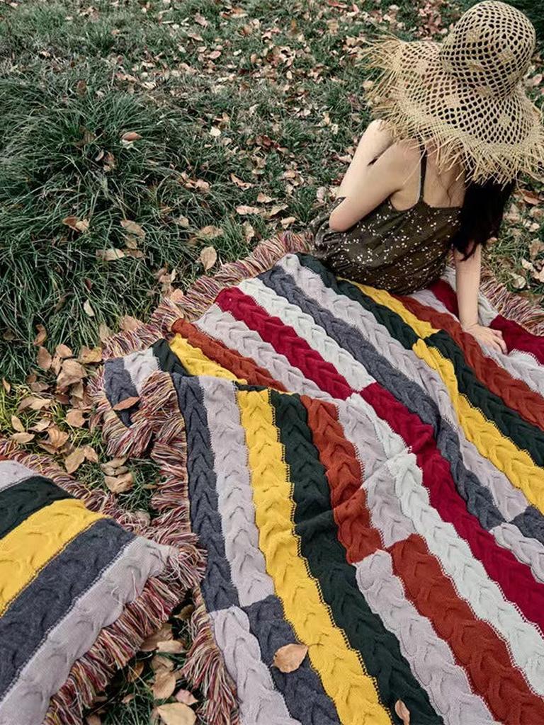 Boho Twist Knitted Blanket with Tassels