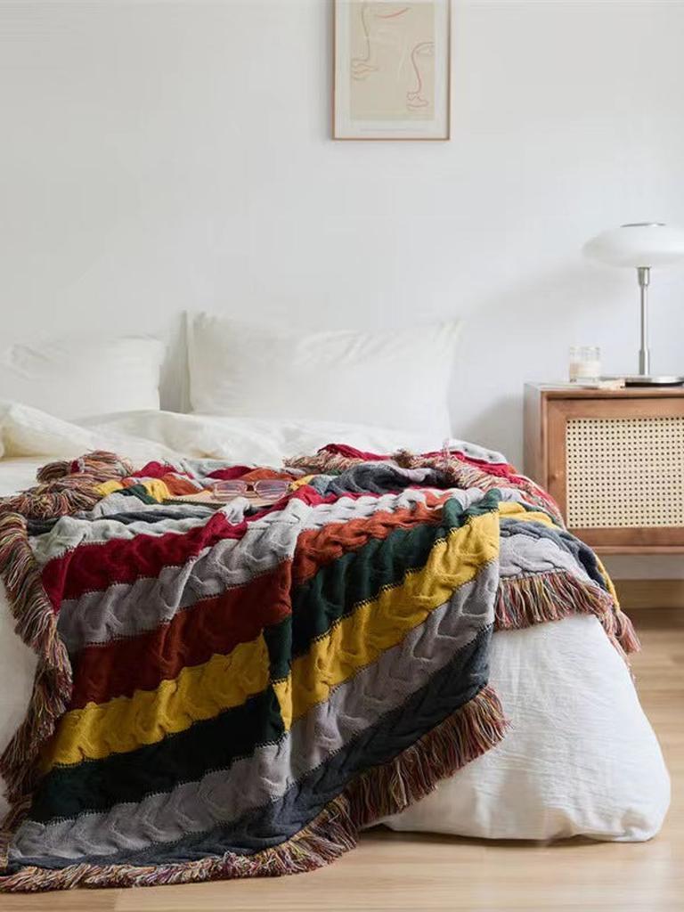 Boho Twist Knitted Blanket with Tassels