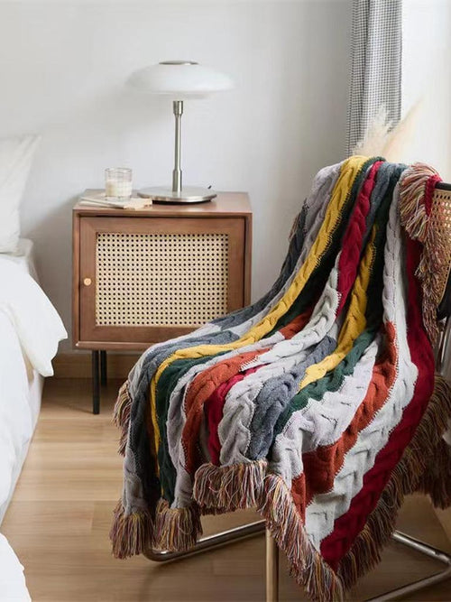 Boho Twist Knitted Blanket with Tassels
