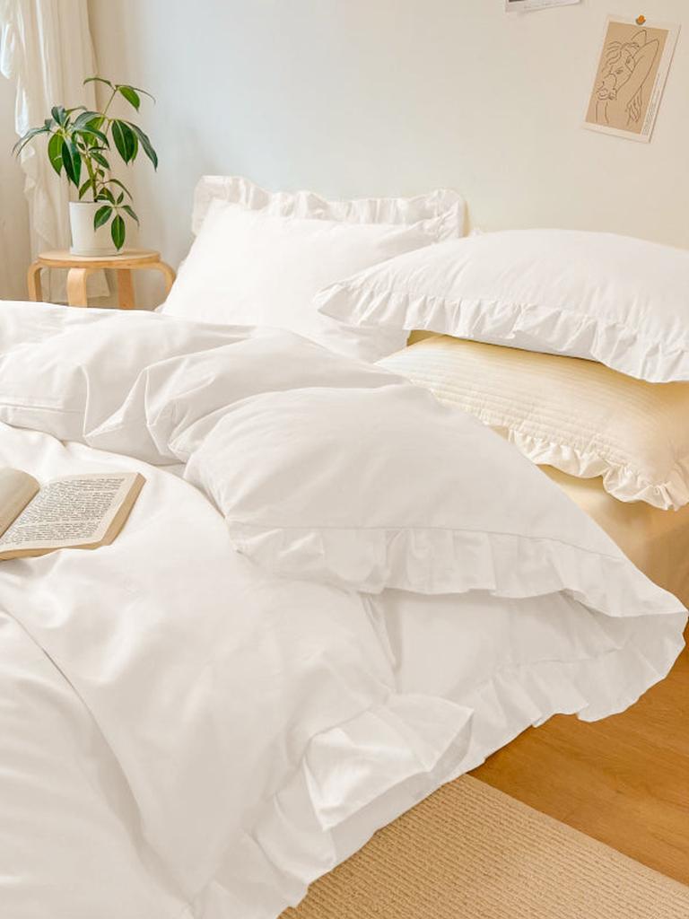 Farmhouse Fringe Ruffle White Duvet Cover Set