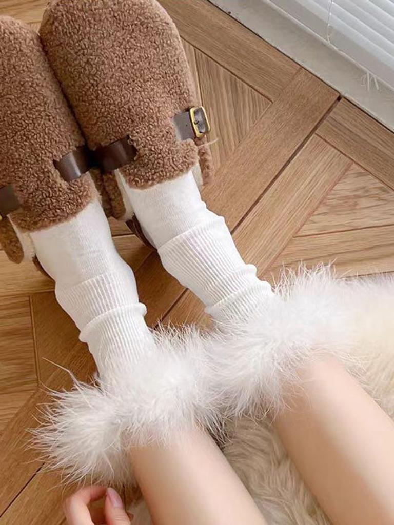 Faux Fur Crew Socks - Black