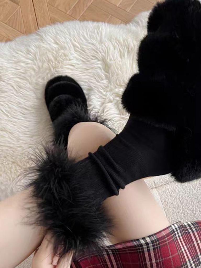 Faux Fur Crew Socks - Black