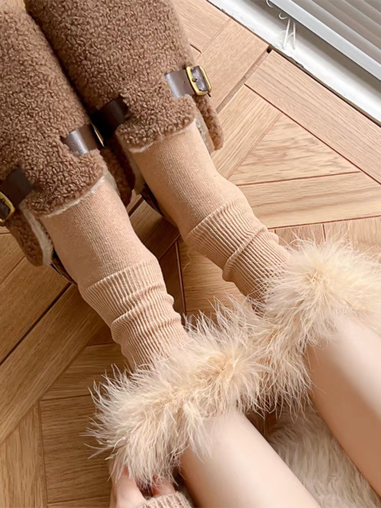 Faux Fur Crew Socks - Black