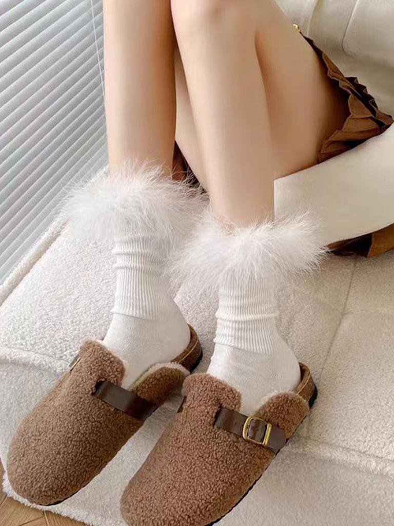 Faux Fur Crew Socks - Camel