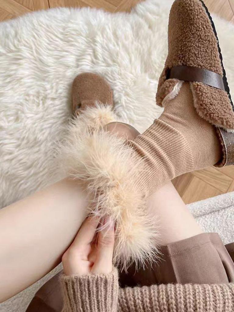 Faux Fur Crew Socks - Grey