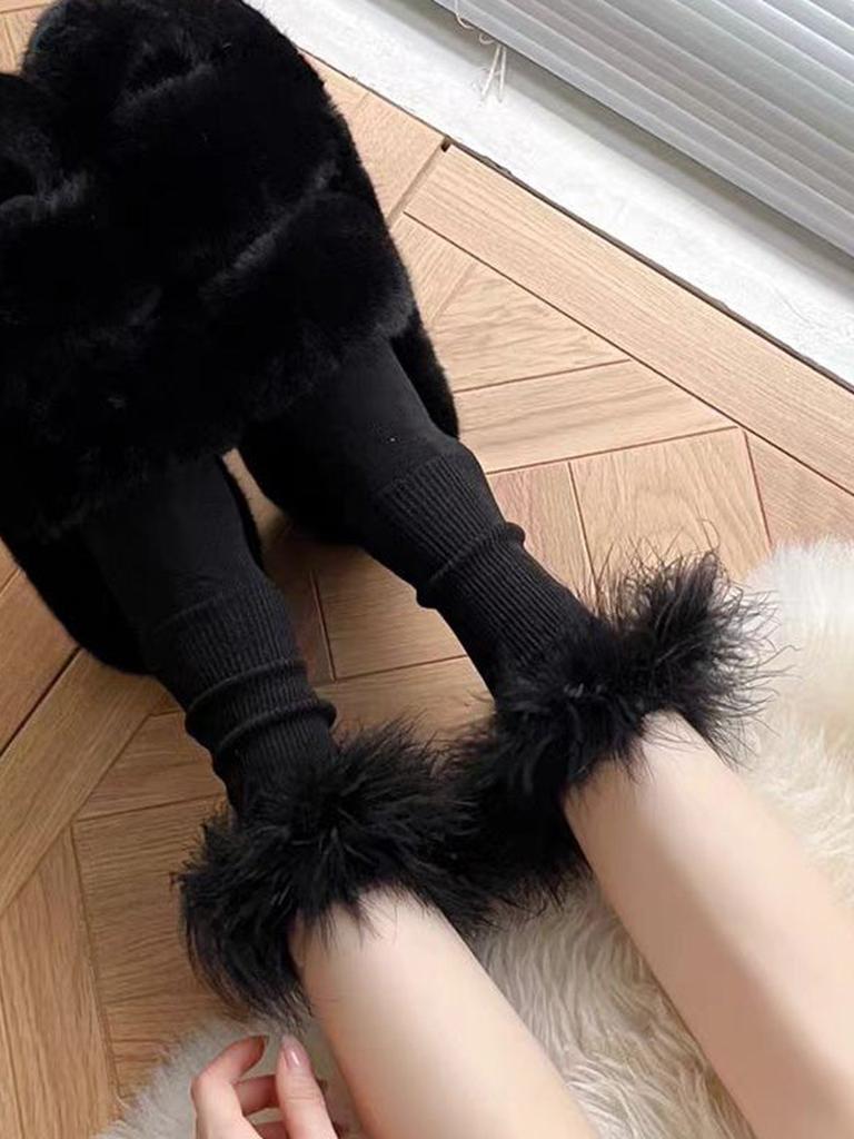 Faux Fur Crew Socks - Grey