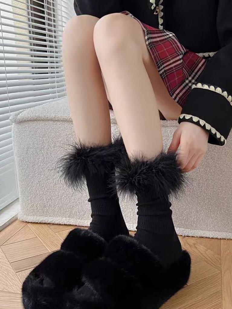 Faux Fur Crew Socks - White