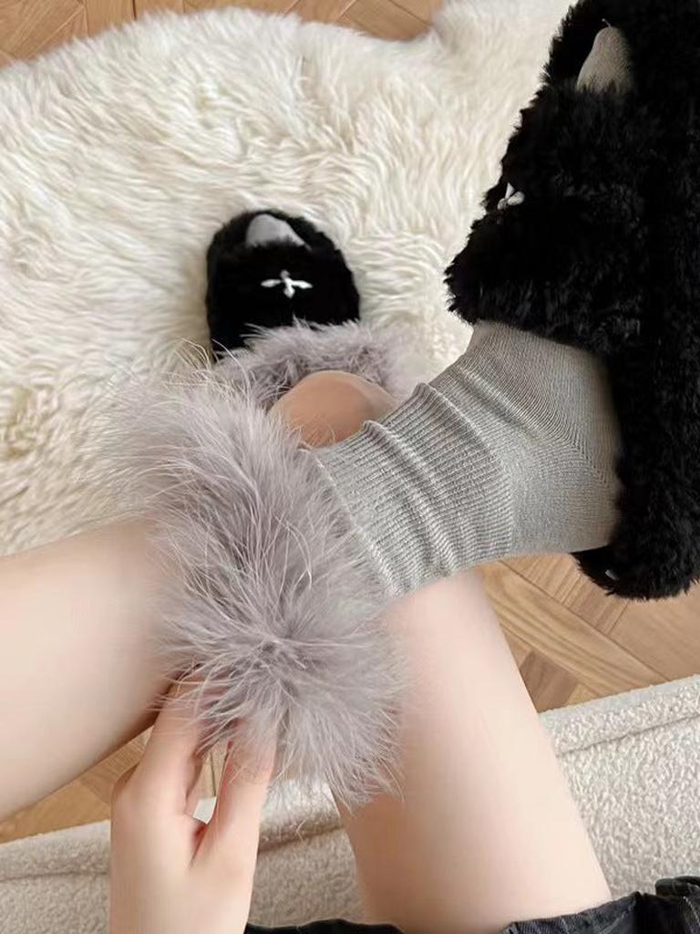 Faux Fur Crew Socks - White