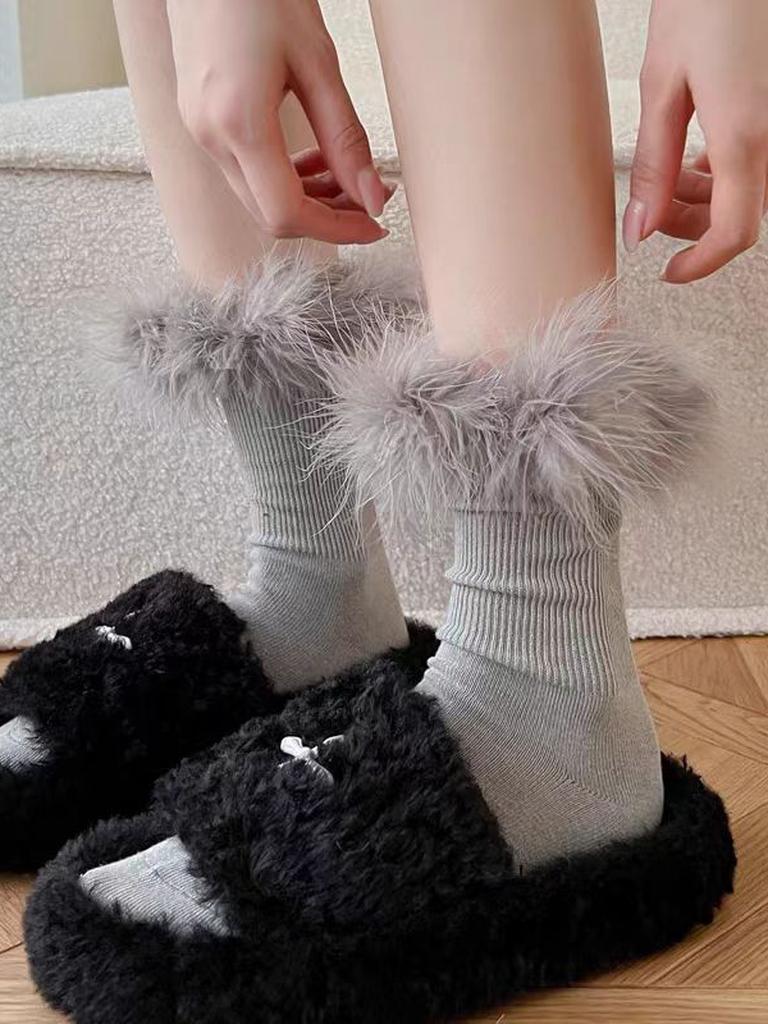Faux Fur Crew Socks - White