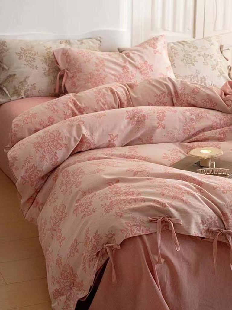 Floral Jacquard Bedding Set with Bow Tie - Dusty Blue