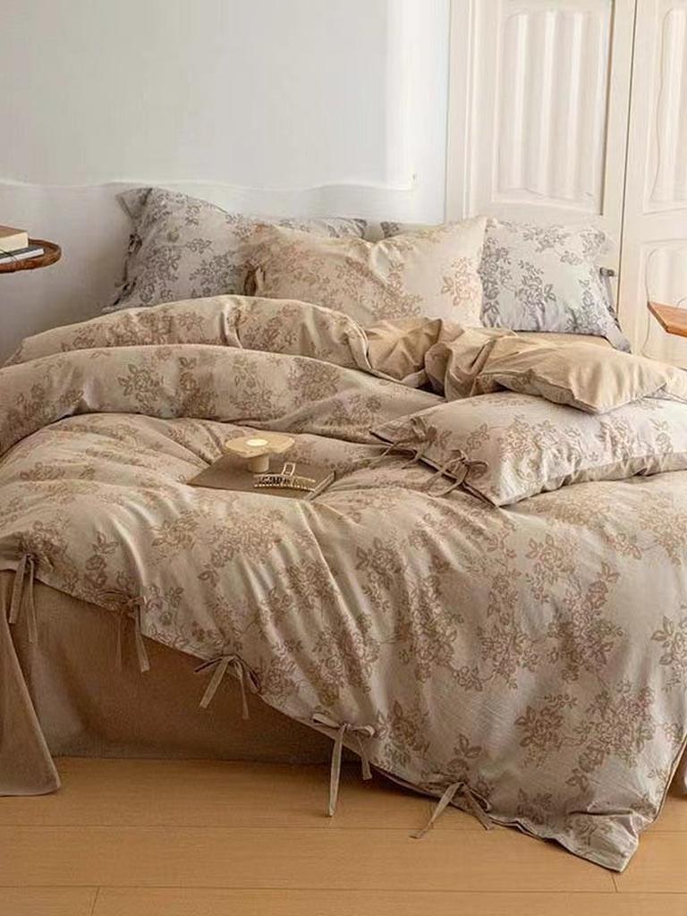 Floral Jacquard Bedding Set with Bow Tie - Khaki