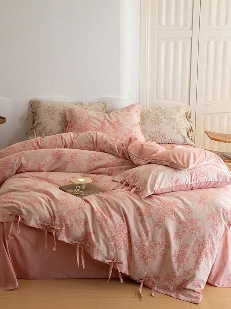 Floral Jacquard Bedding Set with Bow Tie - Khaki