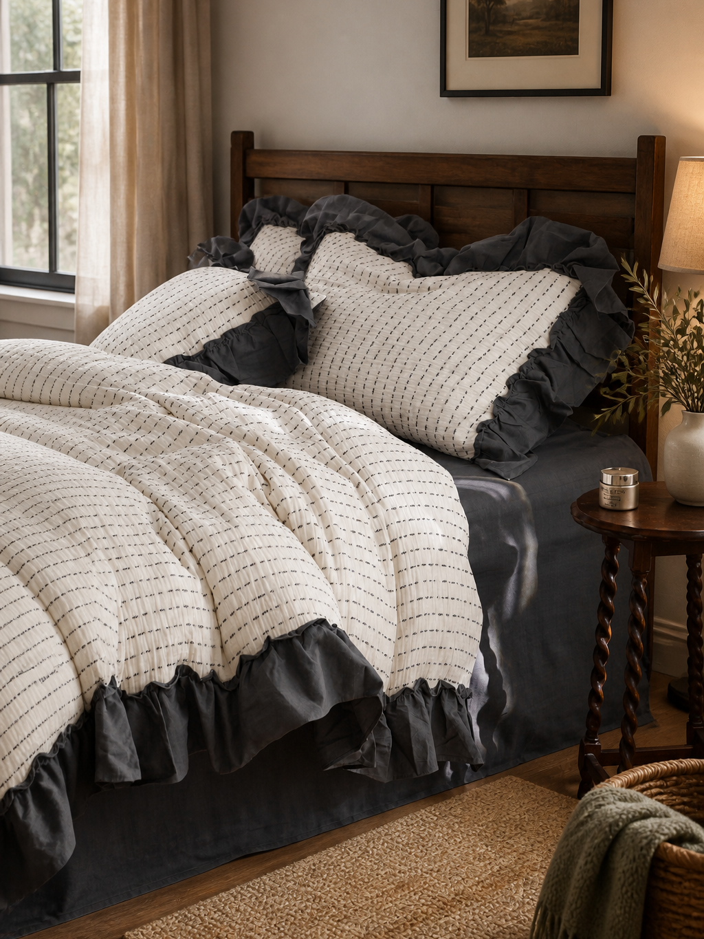 Ivory Charcoal Ruffle Stripe Cotton Muslin Duvet Cover social image