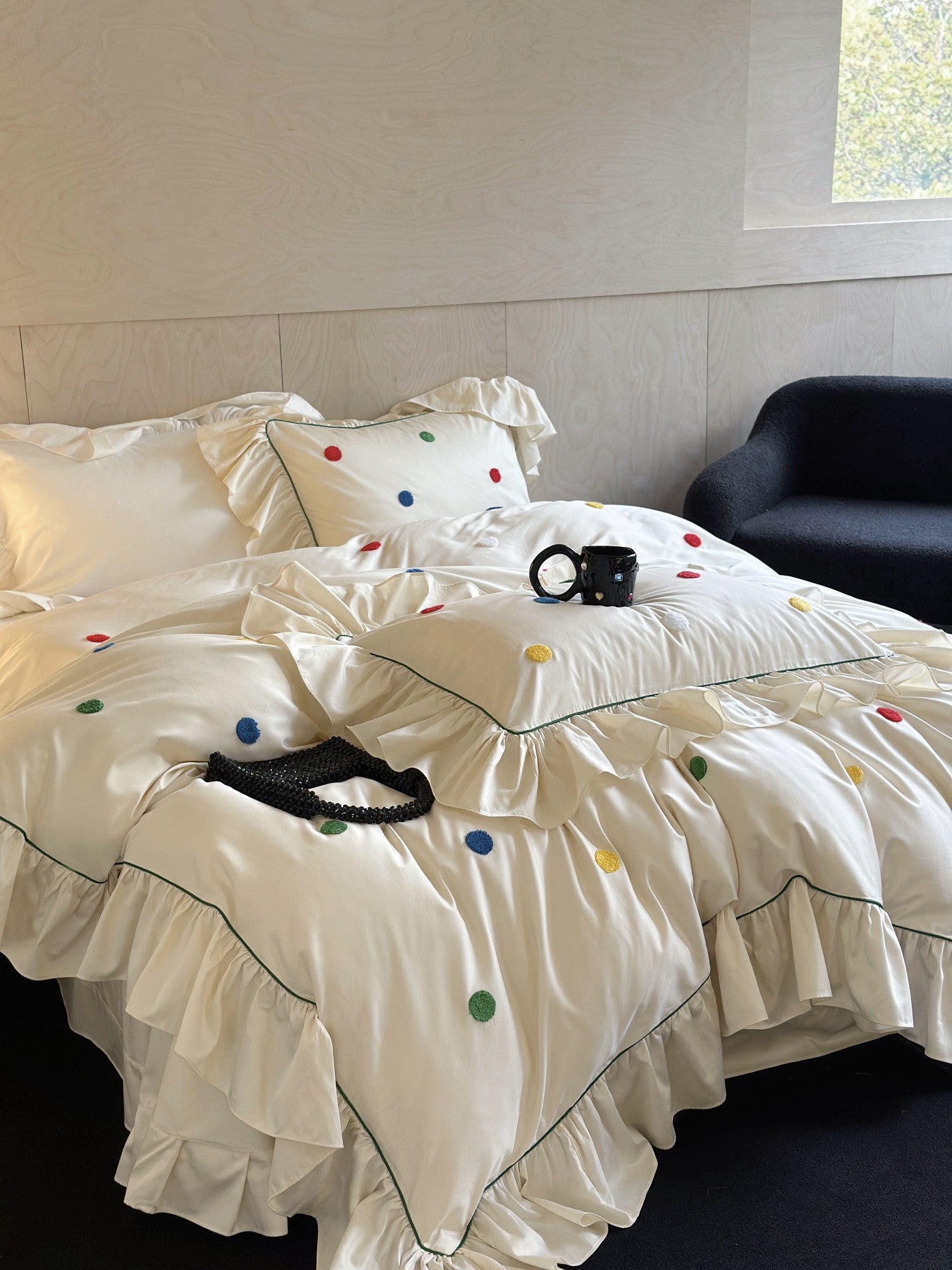Ivory Color Dot Ruffle Cotton Sateen Duvet Cover original reference image 3