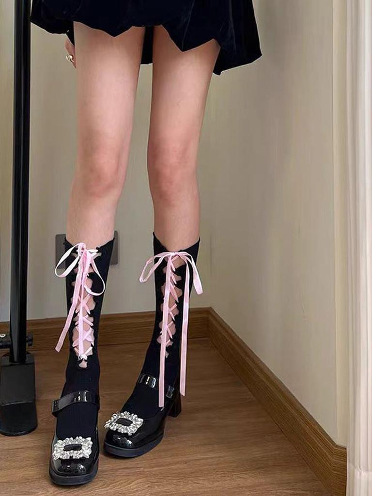 Pink Lace-up Calf Socks
