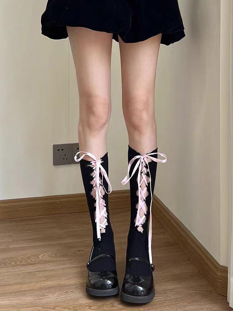 Pink Lace-up Calf Socks