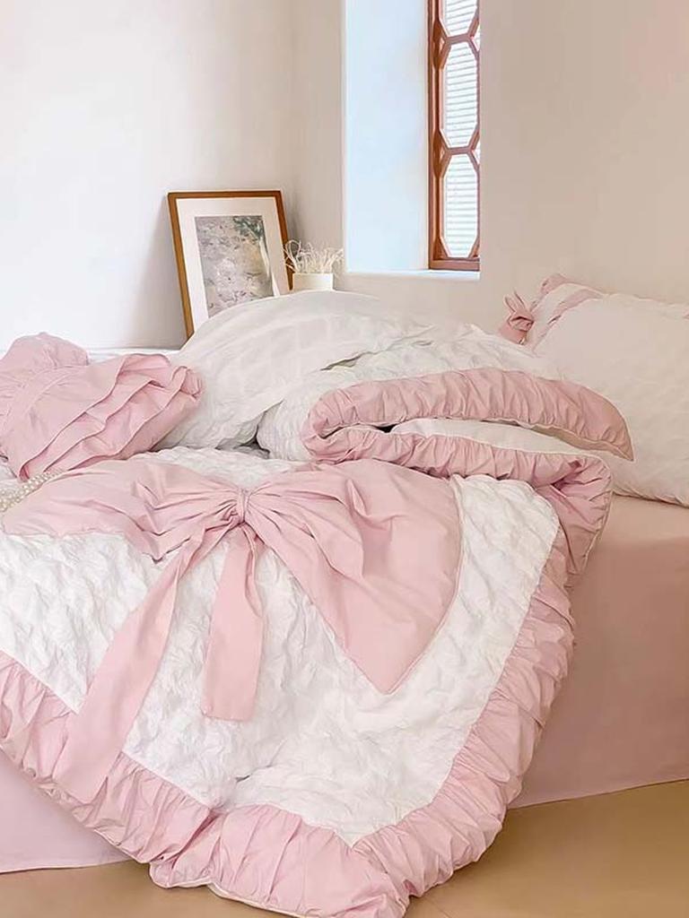 Pink Ruched Bow Waffle Texture Bedding Set