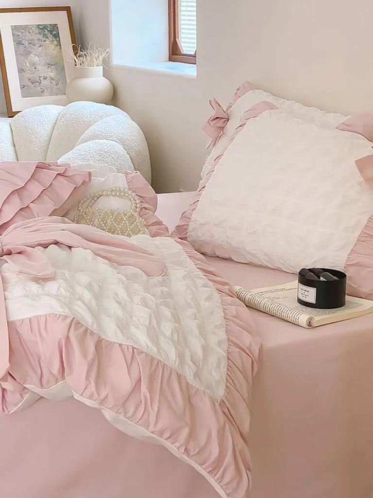 Pink Ruched Bow Waffle Texture Bedding Set