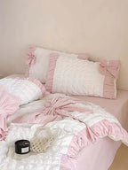 Pink Ruched Bow Waffle Texture Bedding Set