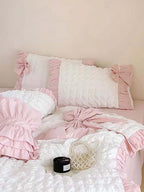 Pink Ruched Bow Waffle Texture Bedding Set