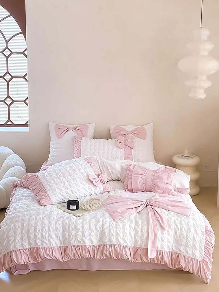 Pink Ruched Bow Waffle Texture Bedding Set
