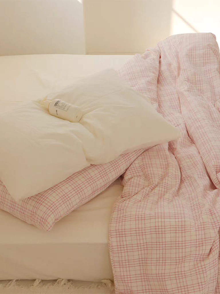 Soft Pink Plaid Cotton Duvet Cover