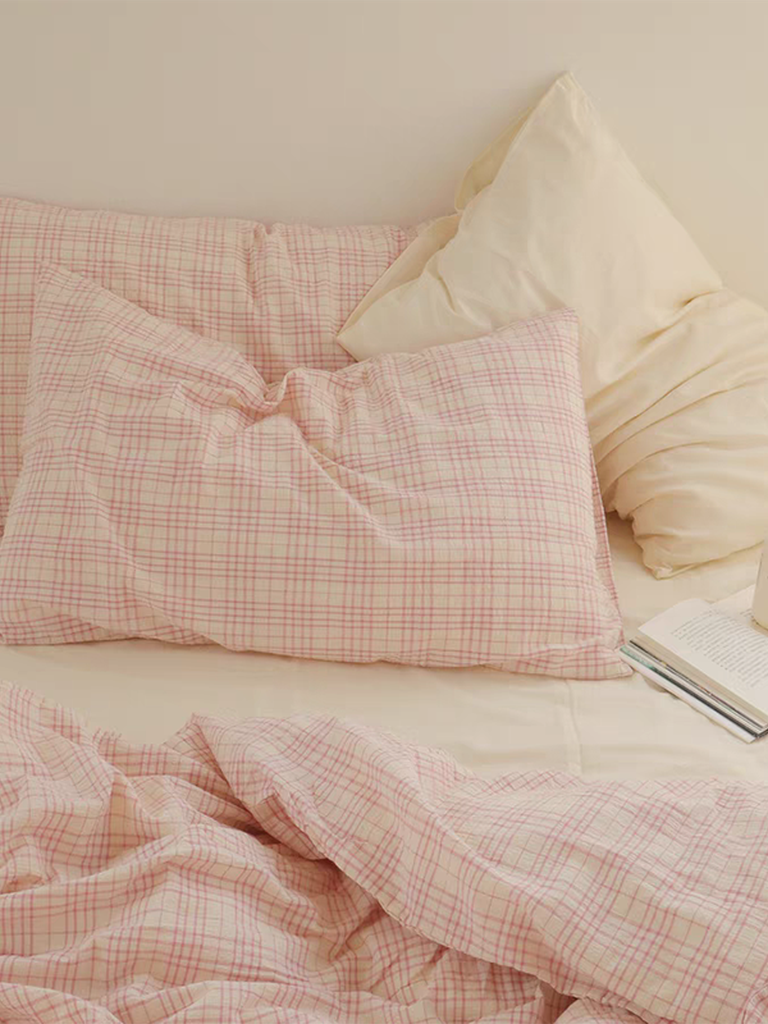 Soft Pink Plaid Cotton Duvet Cover