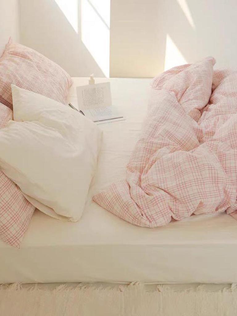 Soft Pink Plaid Cotton Duvet Cover