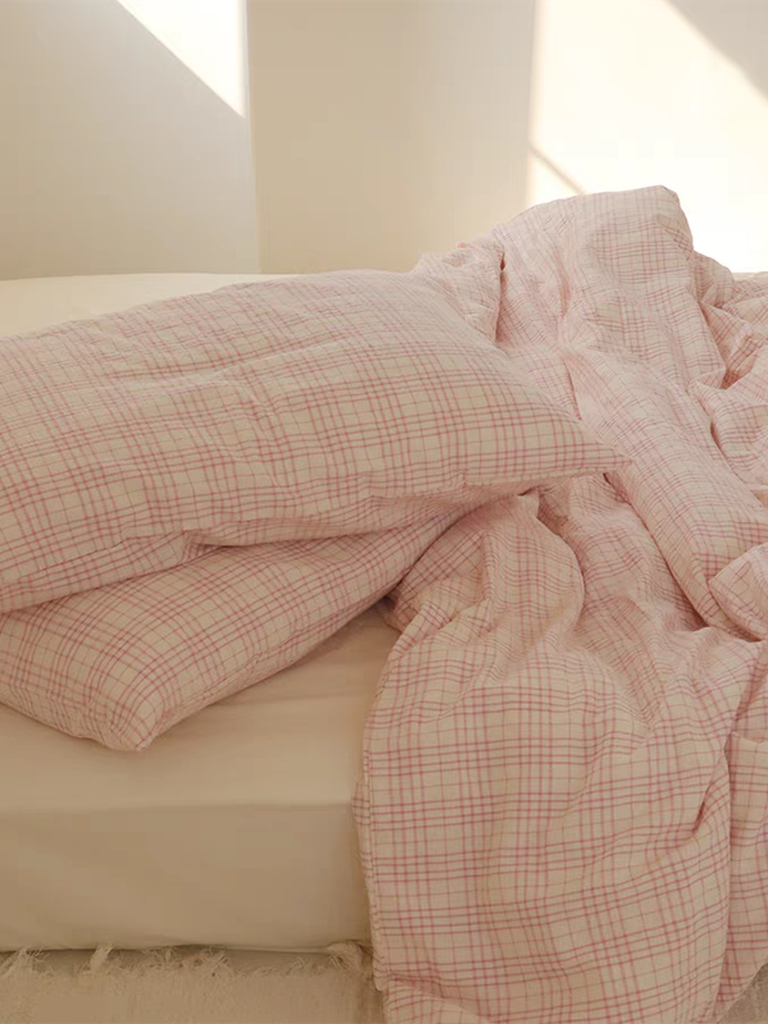 Soft Pink Plaid Cotton Duvet Cover