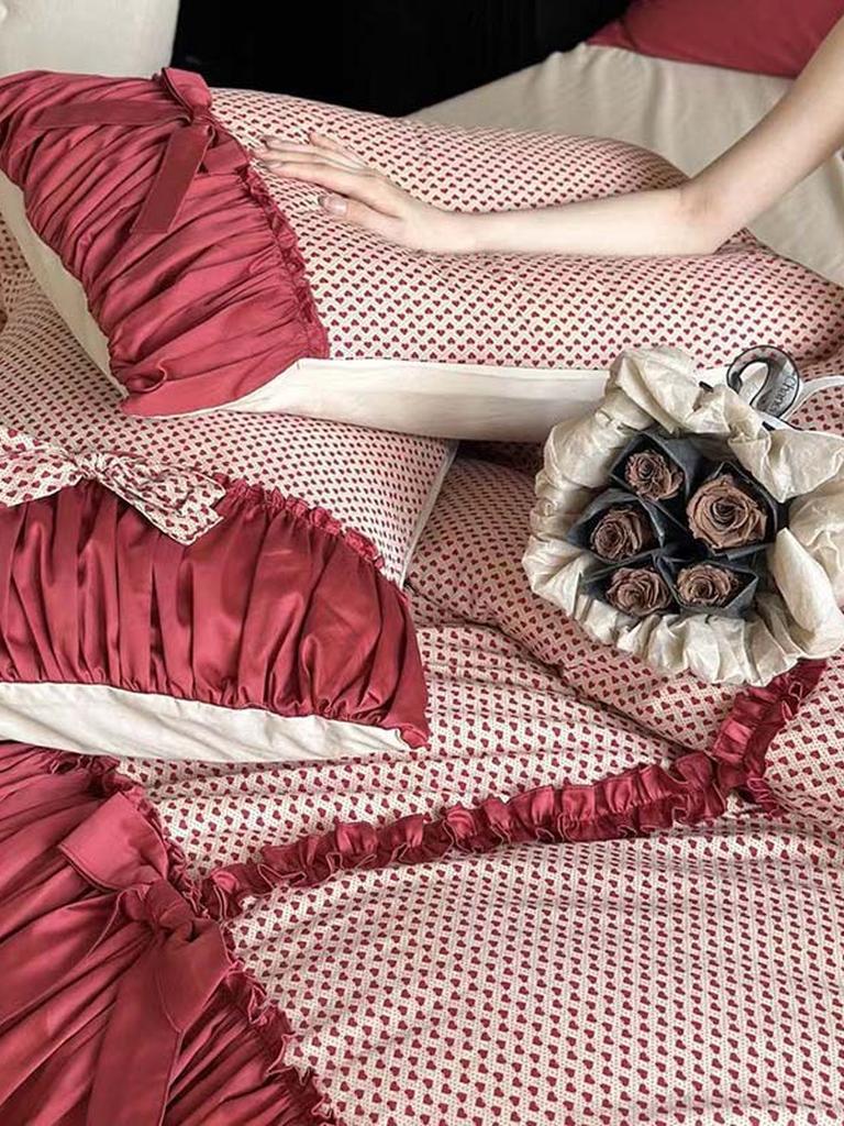 Red Heart Ruched Bow Bedding Set