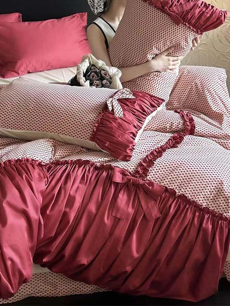 Red Heart Ruched Bow Bedding Set