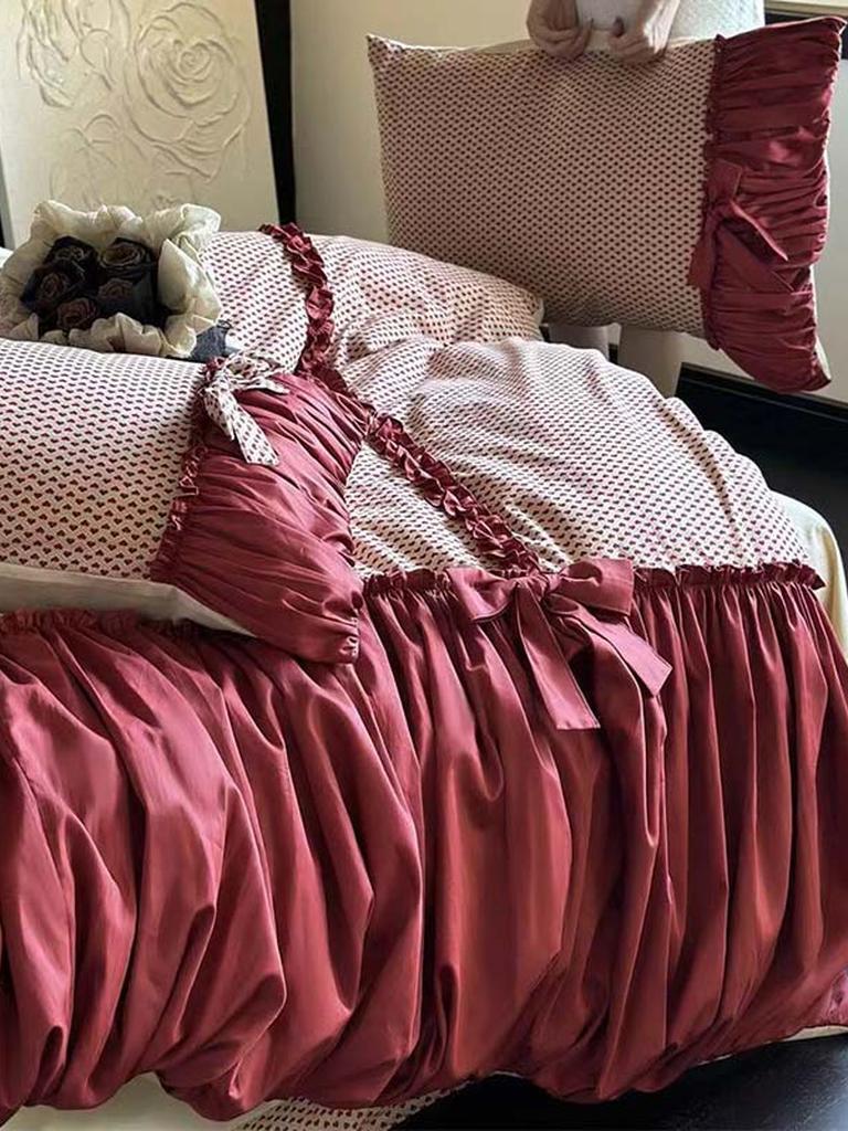 Red Heart Ruched Bow Bedding Set