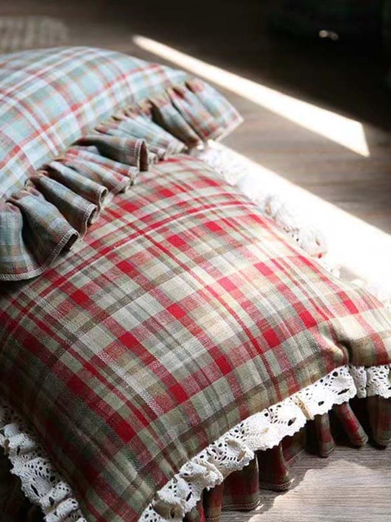 Red Plaid Throw Pillow with Ruffle