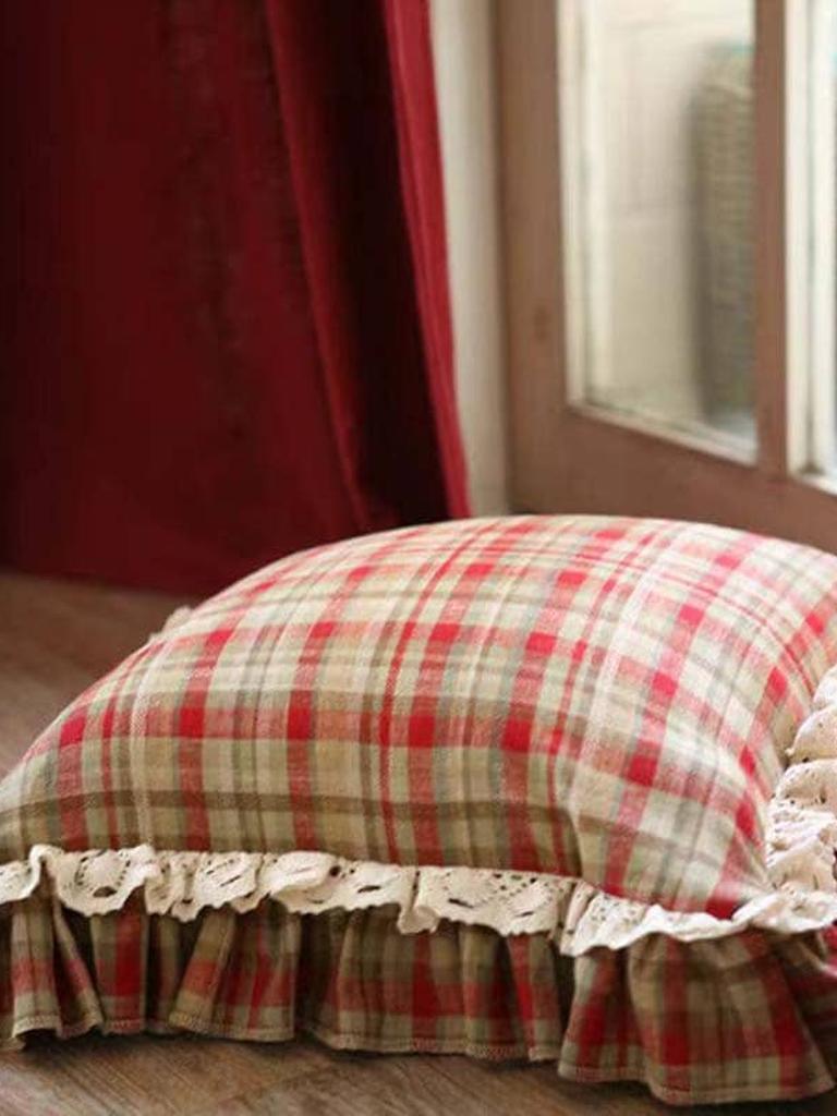 Red Plaid Throw Pillow with Ruffle