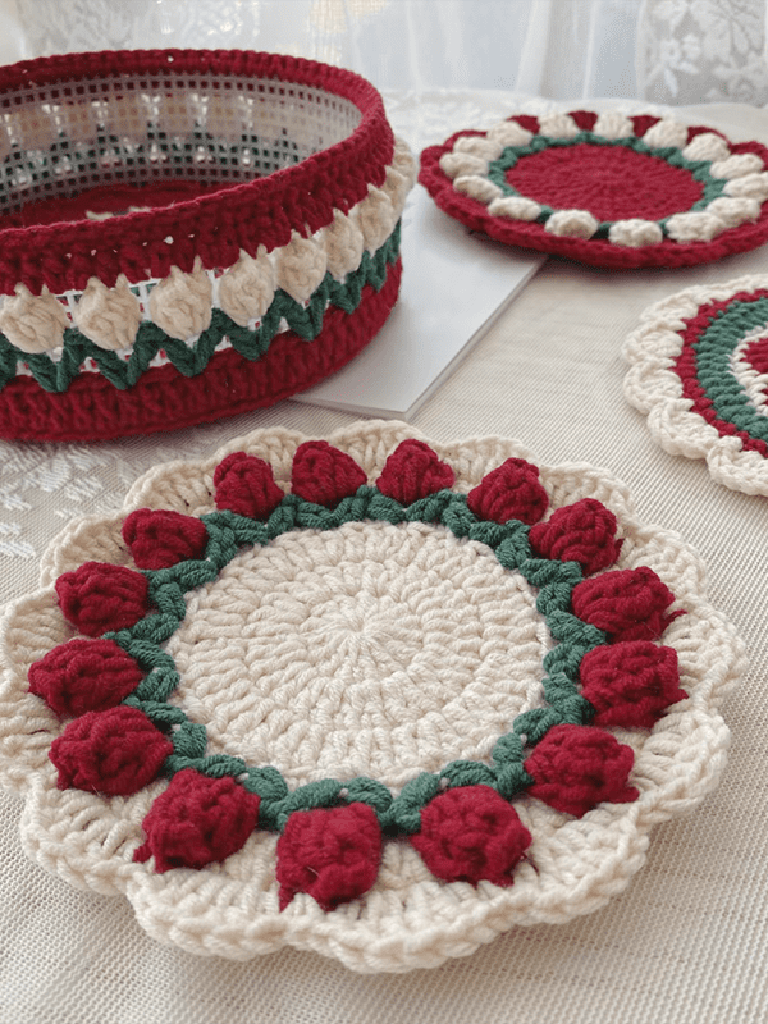 Rose Collection - Handmade Crochet Storage Basket - Burgundy