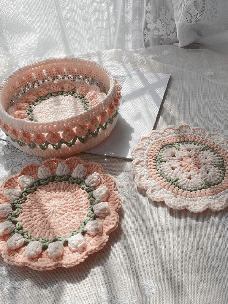 Rose Collection - Handmade Crochet Storage Basket - Coral Pink