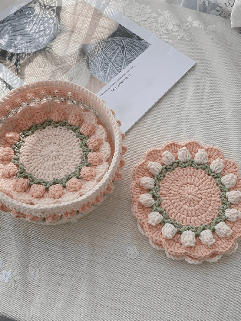 Rose Collection - Handmade Crochet Storage Basket - Coral Pink