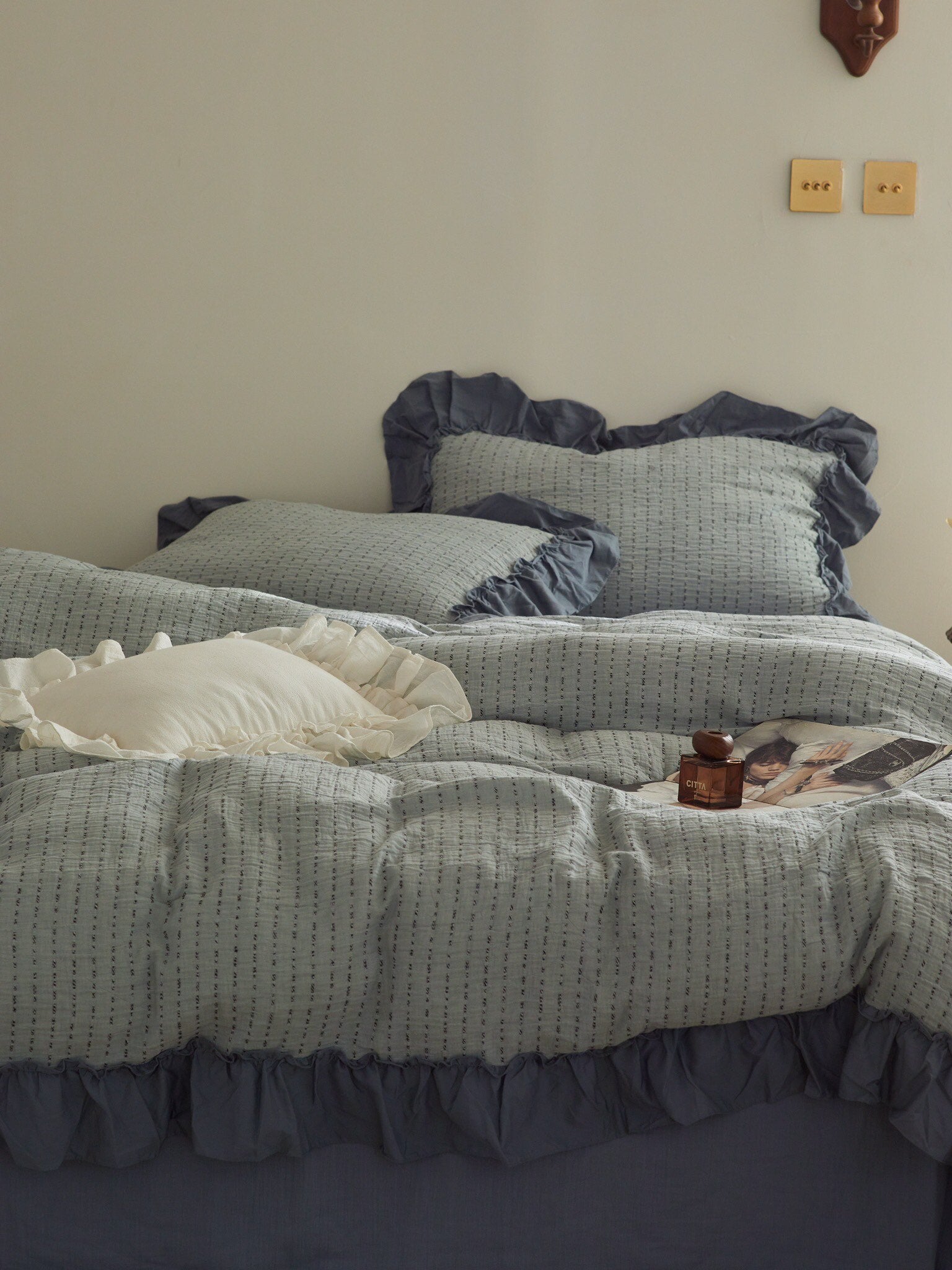 Sage Charcoal Ruffle Stripe Cotton Muslin Duvet Cover original reference image 4