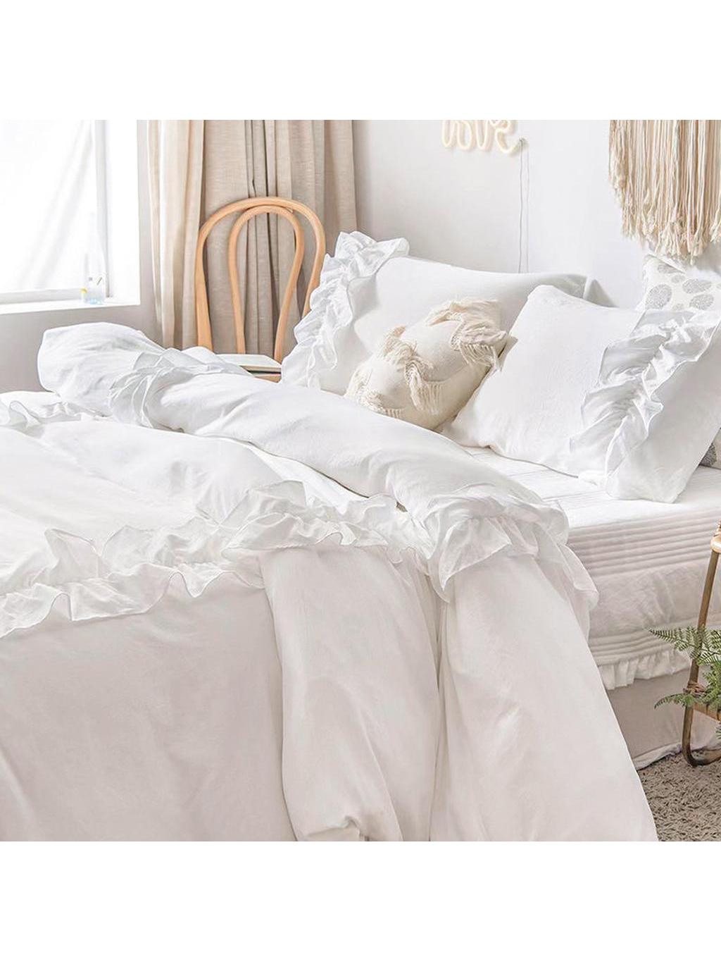 White Elegant Ruffle Duvet Cover Set