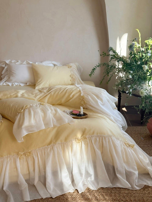 Buttercream Ruffle Organza Trim Sateen Bedding Set