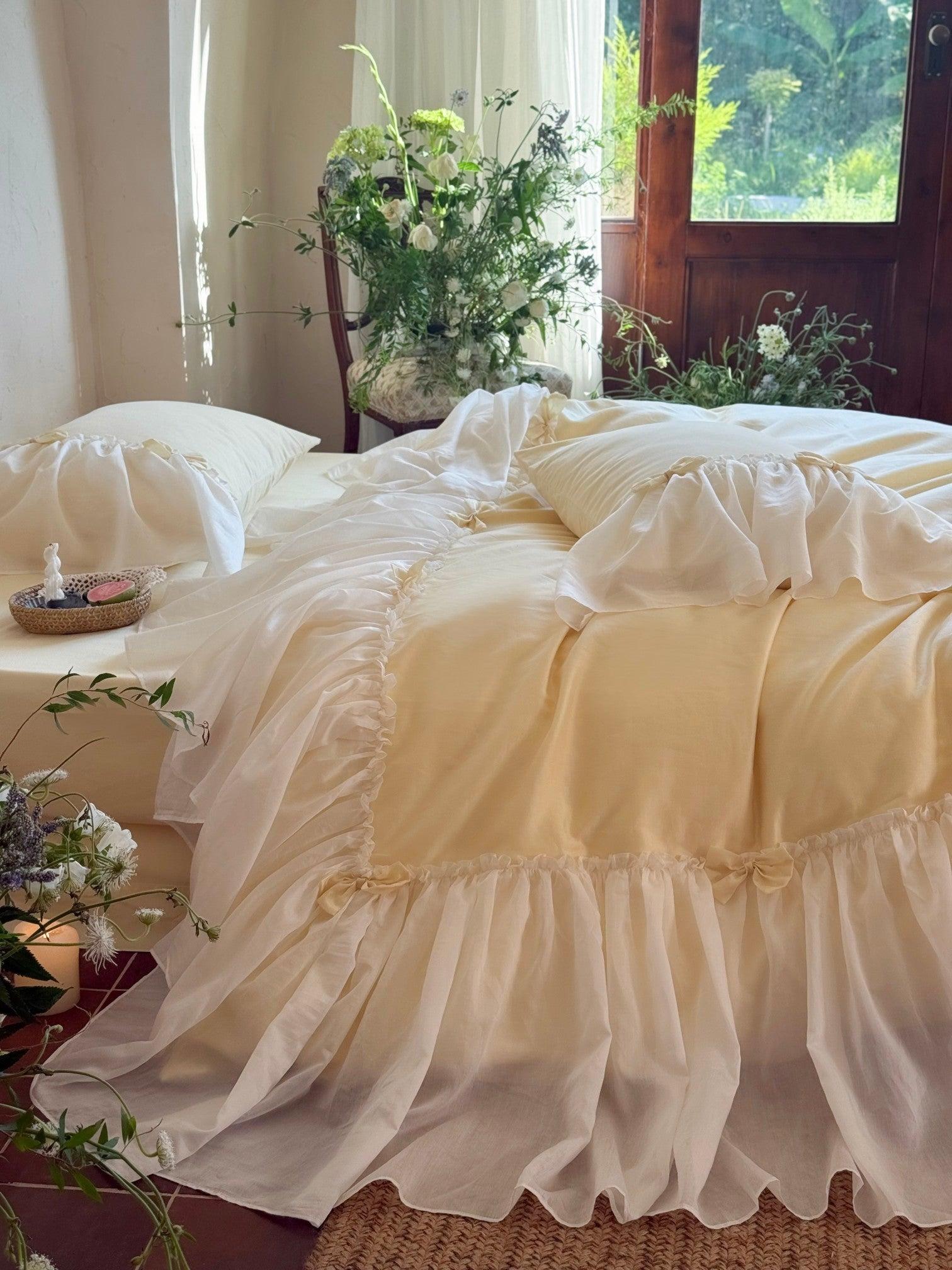 Buttercream Ruffle Organza Trim Sateen Bedding Set