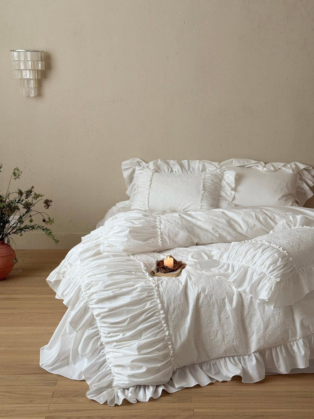 White Whisper Embroidered Ruched Ruffle Bedding Set